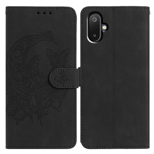 For Samsung Galaxy M06 5G  /  F06 5G Case Butterfly Flower Imprinted PU Leather Wallet Stand Phone Cover - Black