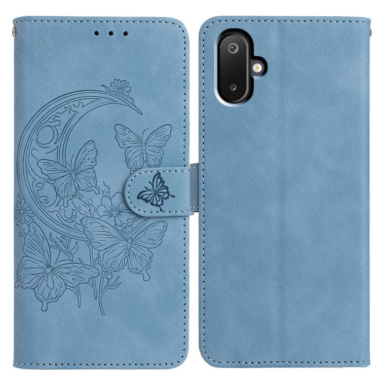 For Samsung Galaxy M06 5G  /  F06 5G Case Butterfly Flower Imprinted PU Leather Wallet Stand Phone Cover - Sky Blue