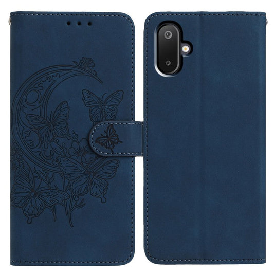 For Samsung Galaxy M06 5G  /  F06 5G Case Butterfly Flower Imprinted PU Leather Wallet Stand Phone Cover - Blue