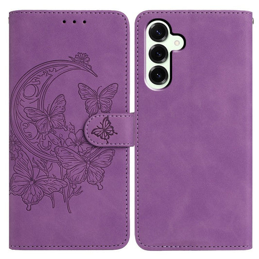 For Samsung Galaxy M16 5G  /  F16 5G Case Butterfly Flower Imprinted PU Leather Wallet Stand Phone Cover - Purple