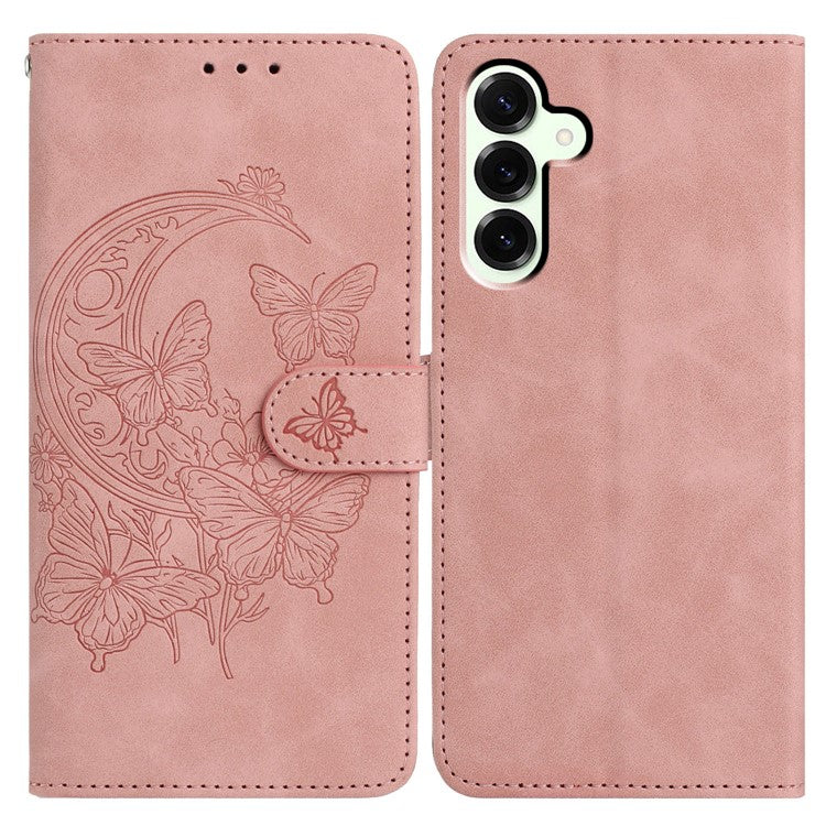 For Samsung Galaxy M16 5G  /  F16 5G Case Butterfly Flower Imprinted PU Leather Wallet Stand Phone Cover - Rose Gold