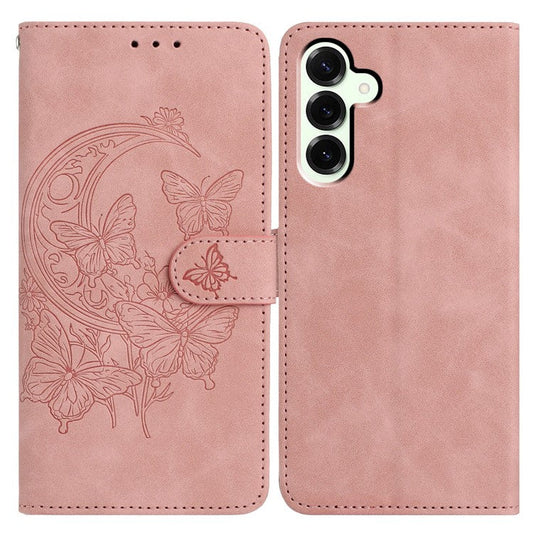 For Samsung Galaxy M16 5G  /  F16 5G Case Butterfly Flower Imprinted PU Leather Wallet Stand Phone Cover - Rose Gold