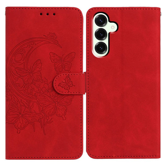 For Samsung Galaxy M16 5G  /  F16 5G Case Butterfly Flower Imprinted PU Leather Wallet Stand Phone Cover - Red