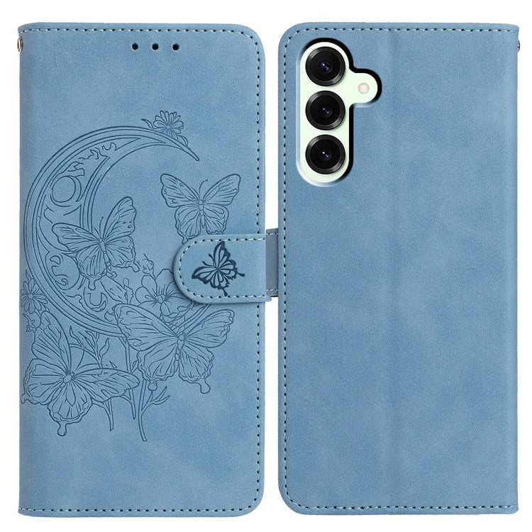 For Samsung Galaxy M16 5G  /  F16 5G Case Butterfly Flower Imprinted PU Leather Wallet Stand Phone Cover - Sky Blue