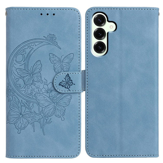 For Samsung Galaxy M16 5G  /  F16 5G Case Butterfly Flower Imprinted PU Leather Wallet Stand Phone Cover - Sky Blue