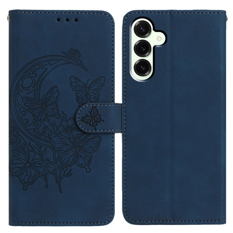 For Samsung Galaxy M16 5G  /  F16 5G Case Butterfly Flower Imprinted PU Leather Wallet Stand Phone Cover - Blue