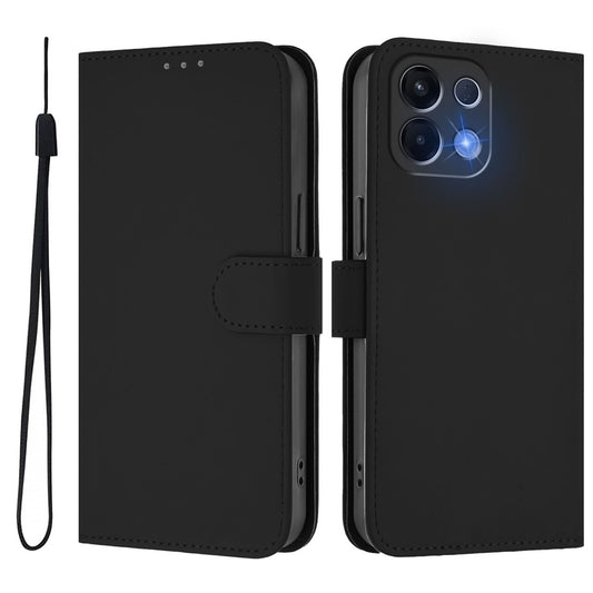 For Oppo K13 5G Case Solid Color Wallet Leather Phone Cover with Strap - Black