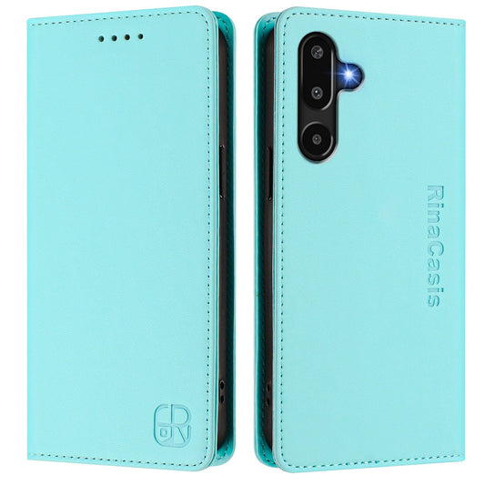 For Samsung Galaxy M16 5G / Galaxy F16 5G Leather Case RINACASIS RC01 Phone Cover with RFID Blocking Wallet Stand - Mint Green