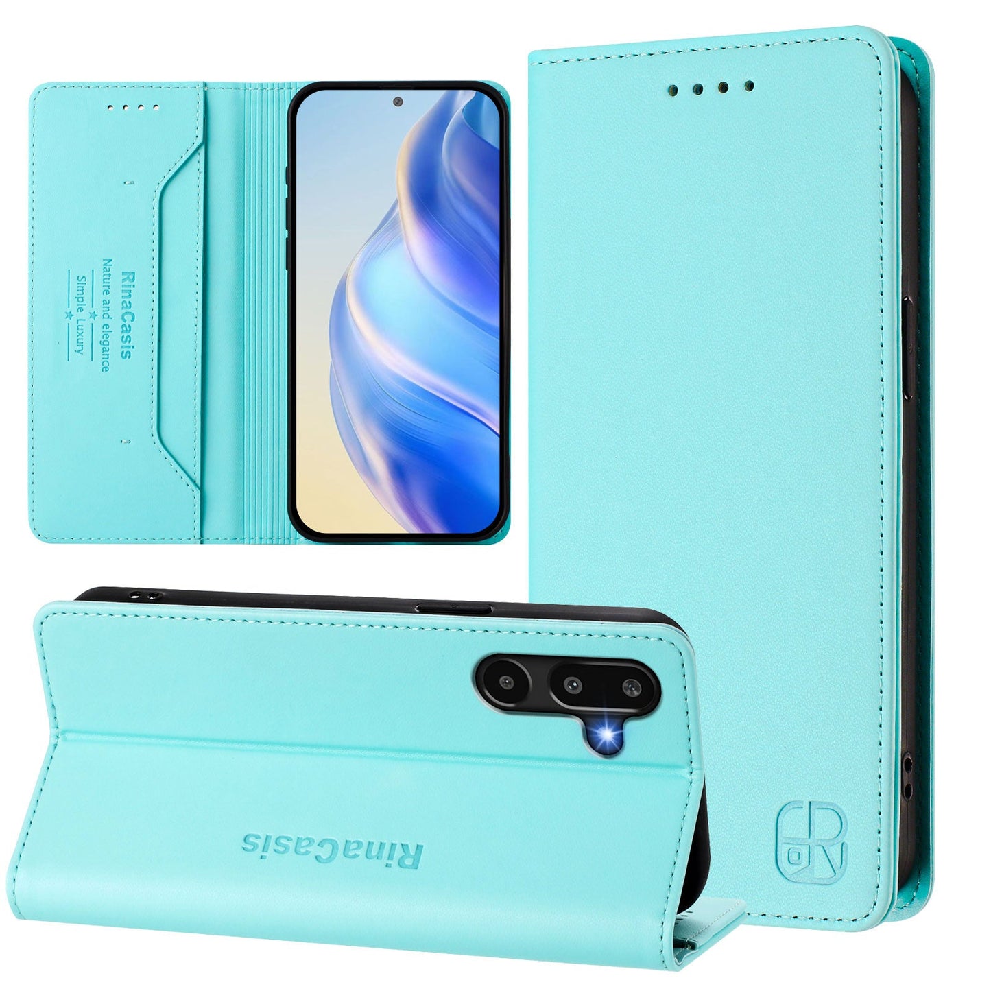For Samsung Galaxy M16 5G / Galaxy F16 5G Leather Case RINACASIS RC01 Phone Cover with RFID Blocking Wallet Stand - Mint Green