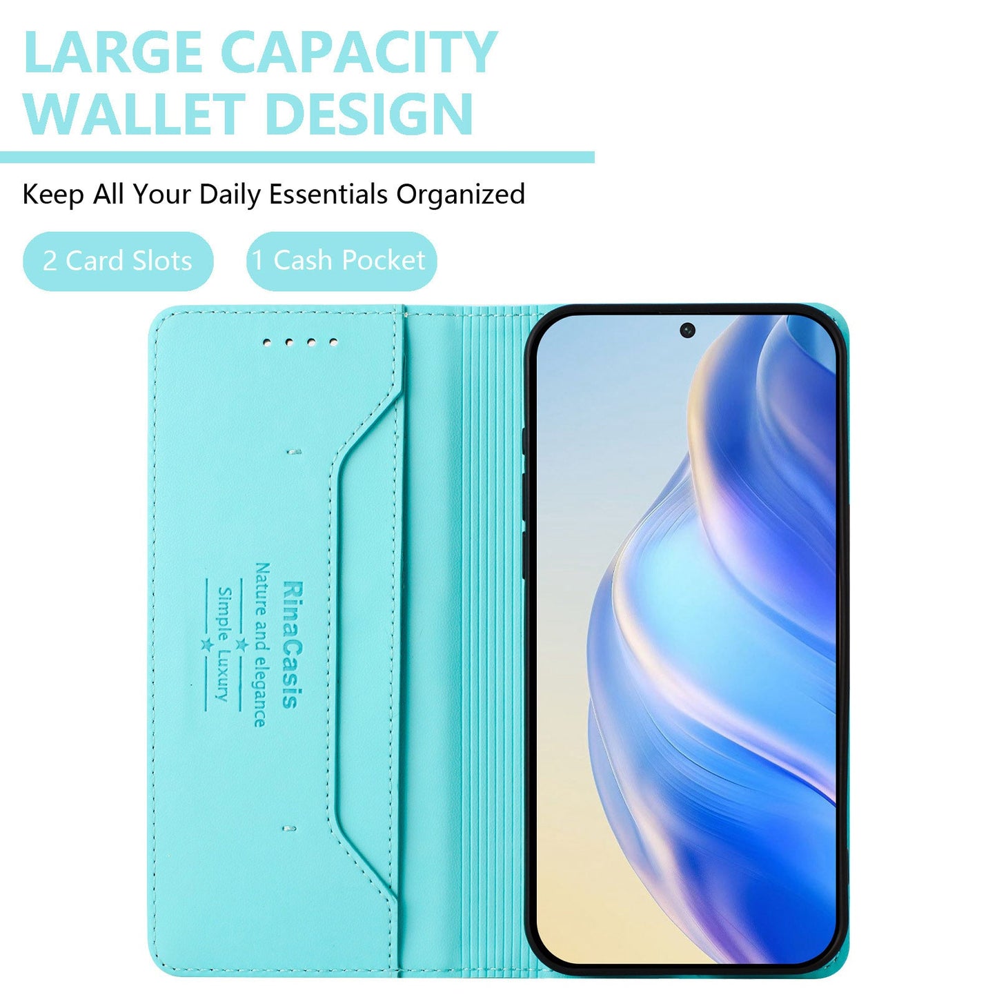 For Samsung Galaxy M16 5G / Galaxy F16 5G Leather Case RINACASIS RC01 Phone Cover with RFID Blocking Wallet Stand - Mint Green