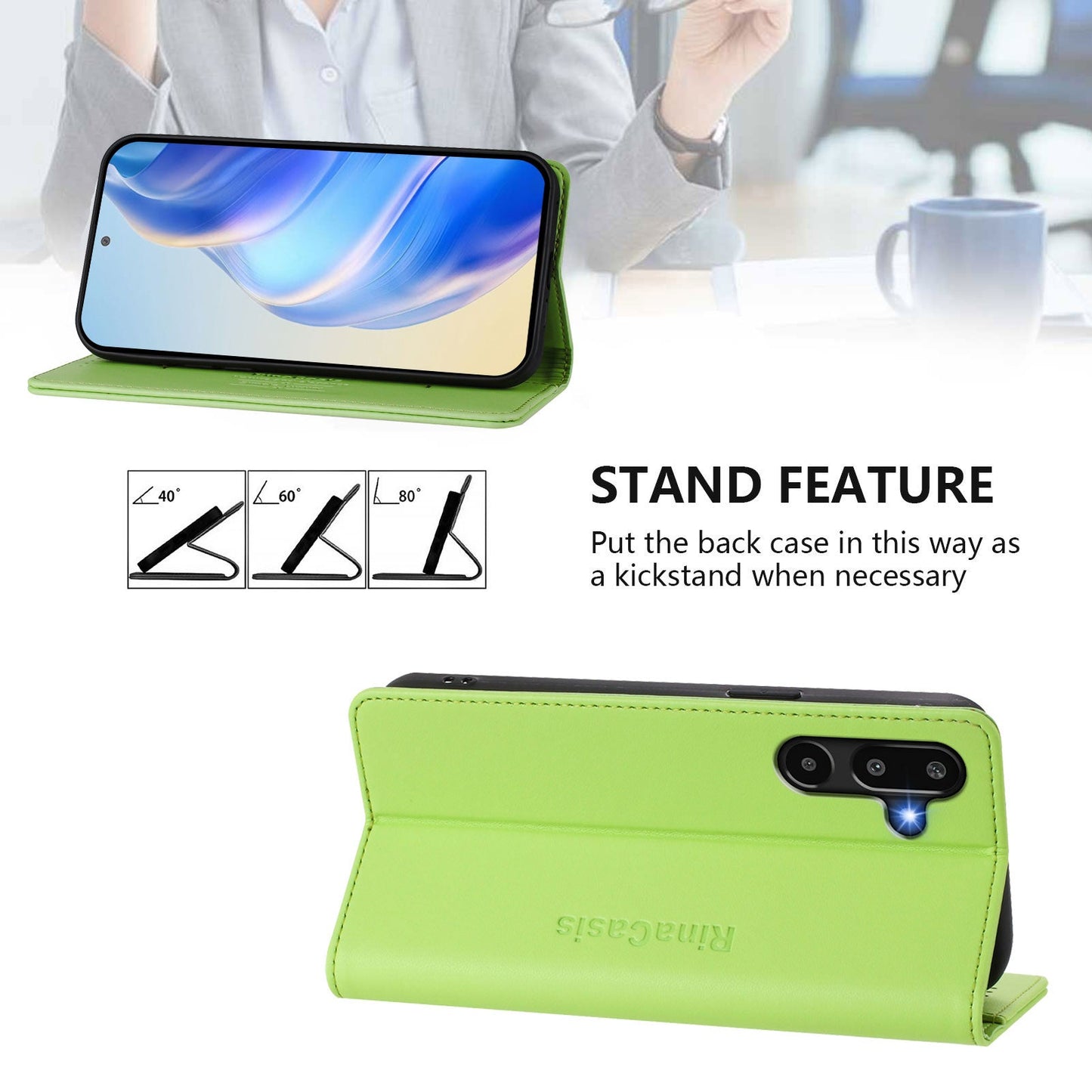 For Samsung Galaxy M16 5G / Galaxy F16 5G Leather Case RINACASIS RC01 Phone Cover with RFID Blocking Wallet Stand - Green