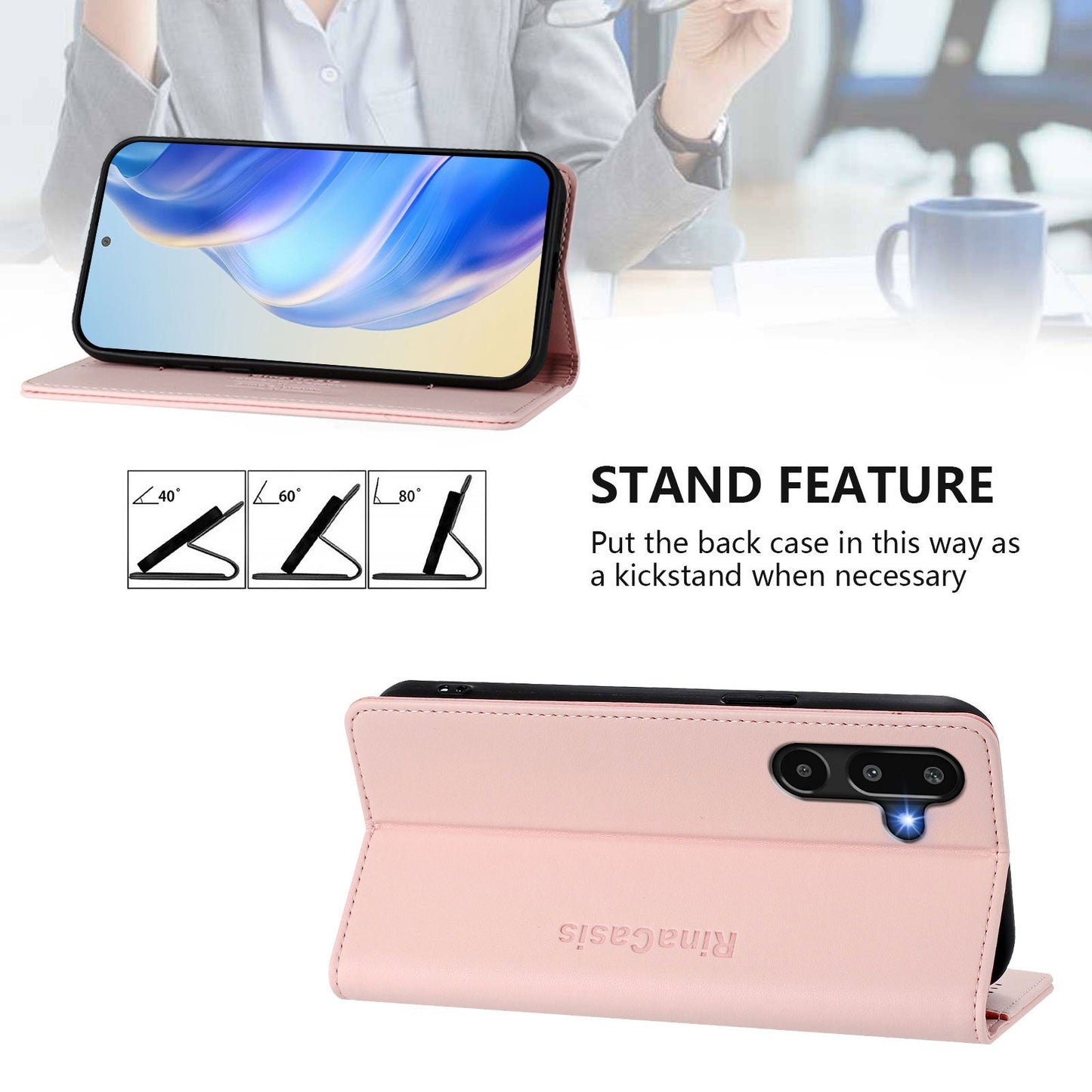 For Samsung Galaxy M16 5G / Galaxy F16 5G Leather Case RINACASIS RC01 Phone Cover with RFID Blocking Wallet Stand - Pink