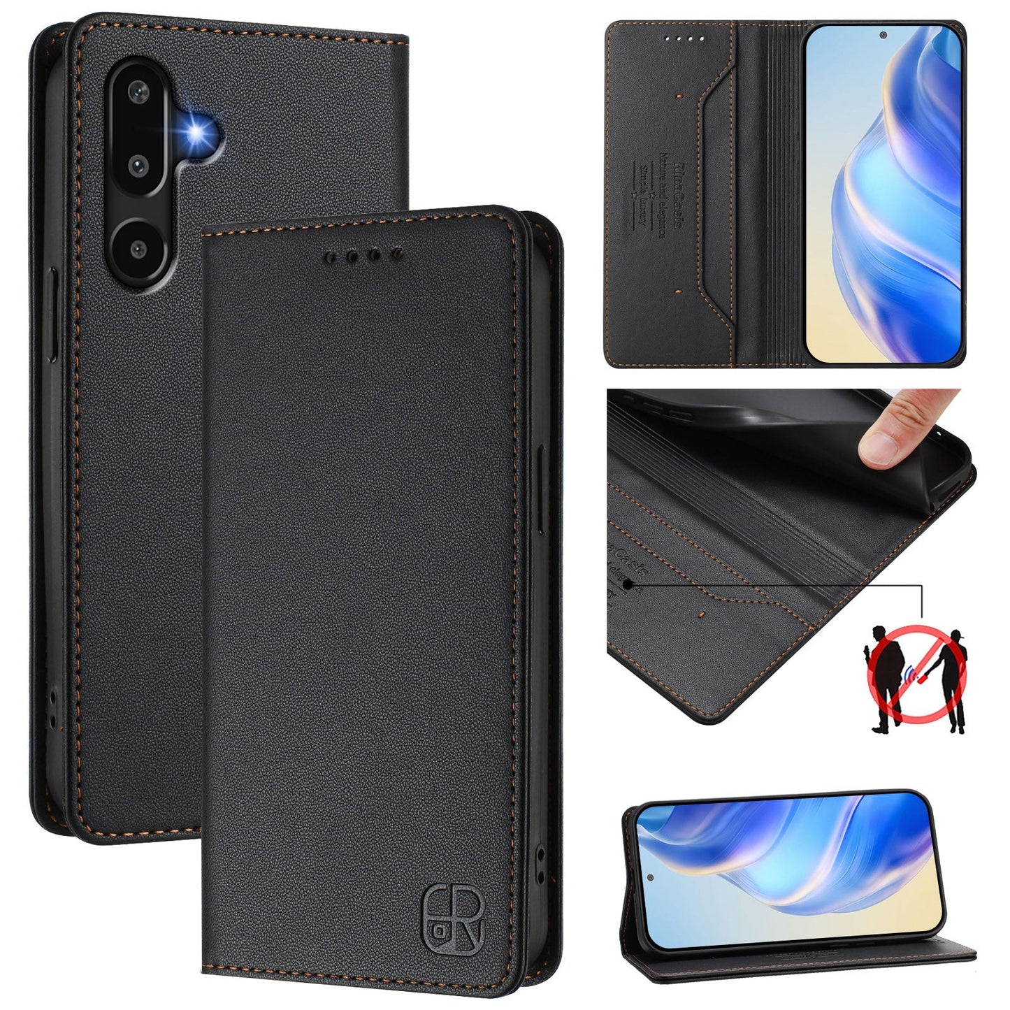 For Samsung Galaxy M16 5G / Galaxy F16 5G Leather Case RINACASIS RC01 Phone Cover with RFID Blocking Wallet Stand - Black