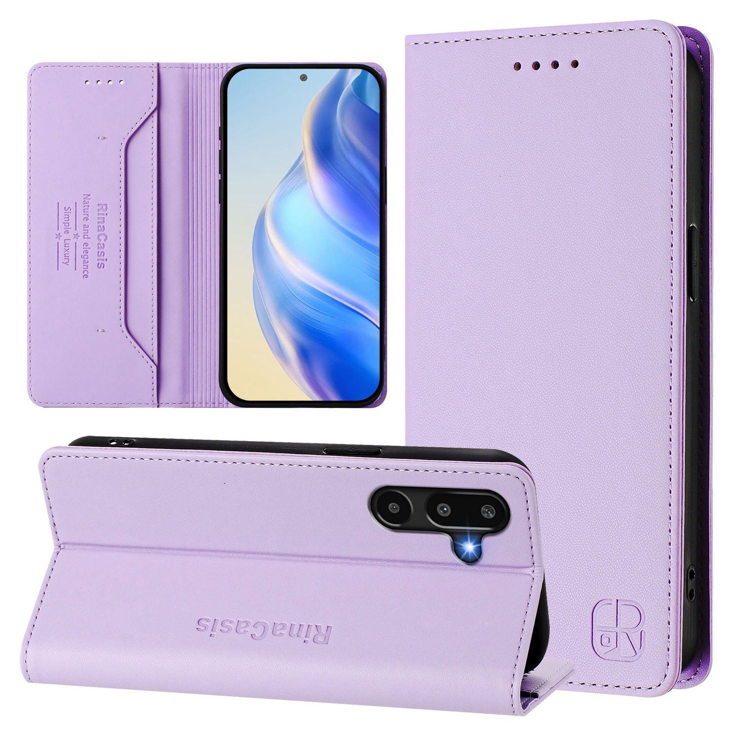 For Samsung Galaxy M16 5G / Galaxy F16 5G Leather Case RINACASIS RC01 Phone Cover with RFID Blocking Wallet Stand - Light Purple