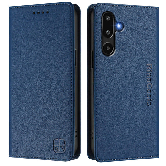 For Samsung Galaxy M16 5G / Galaxy F16 5G Leather Case RINACASIS RC01 Phone Cover with RFID Blocking Wallet Stand - Dark Blue