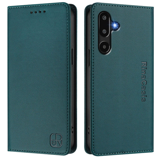 For Samsung Galaxy M16 5G / Galaxy F16 5G Leather Case RINACASIS RC01 Phone Cover with RFID Blocking Wallet Stand - Dark Green