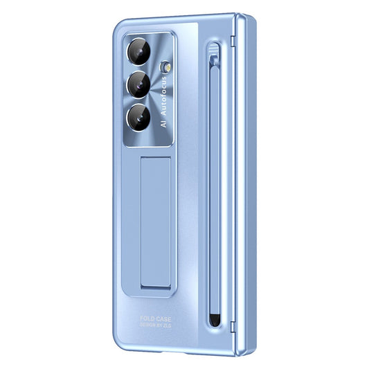 For Samsung Galaxy Z Fold7 5G Case Kickstand Hinge PC Phone Cover with Tempered Glass Film, Stylus - Blue