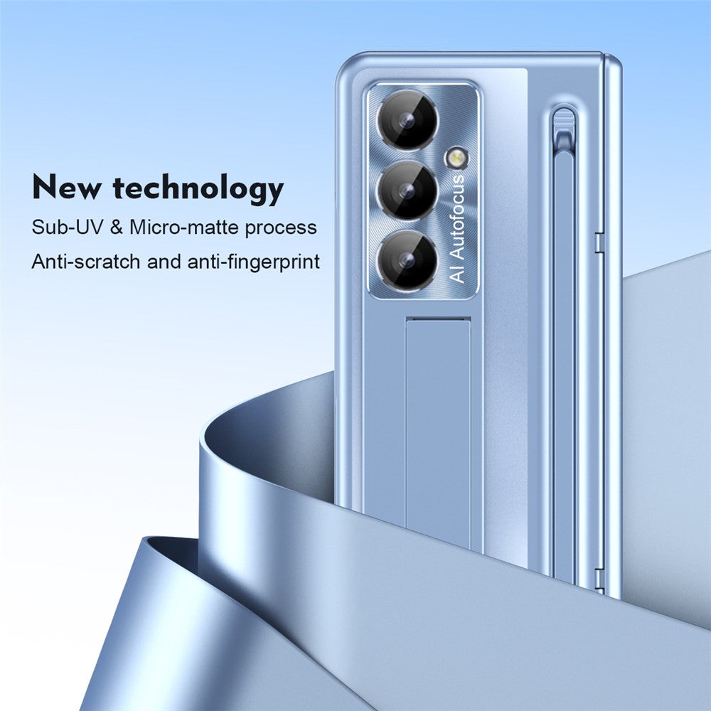 For Samsung Galaxy Z Fold7 5G Case Kickstand Hinge PC Phone Cover with Tempered Glass Film, Stylus - Blue