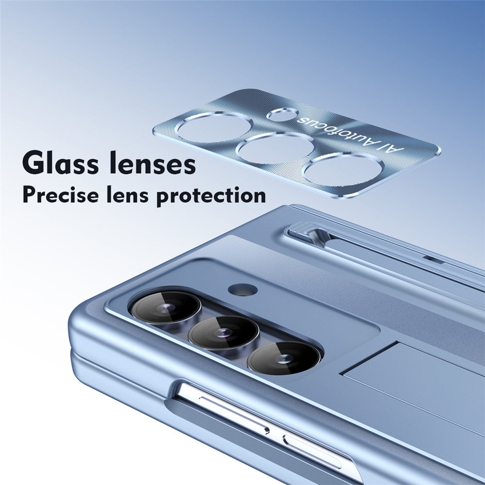 For Samsung Galaxy Z Fold7 5G Case Kickstand Hinge PC Phone Cover with Tempered Glass Film, Stylus - Blue