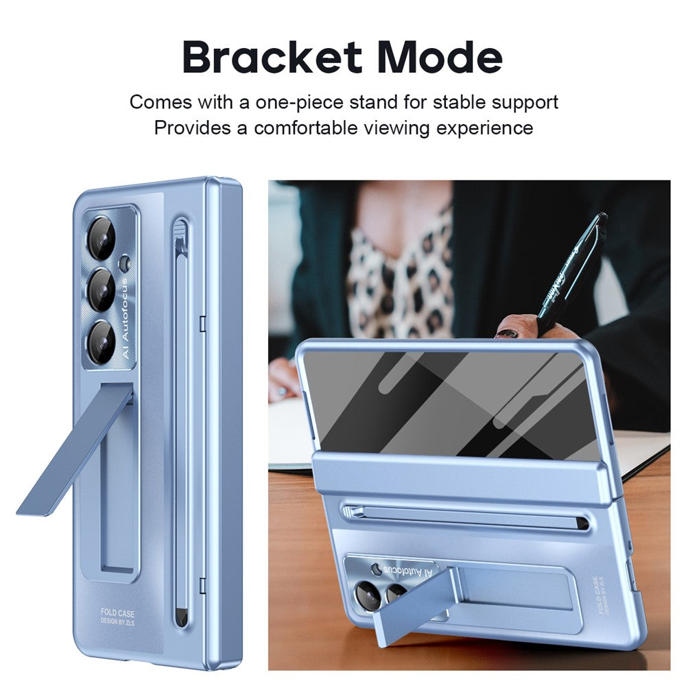 For Samsung Galaxy Z Fold7 5G Case Kickstand Hinge PC Phone Cover with Tempered Glass Film, Stylus - Blue