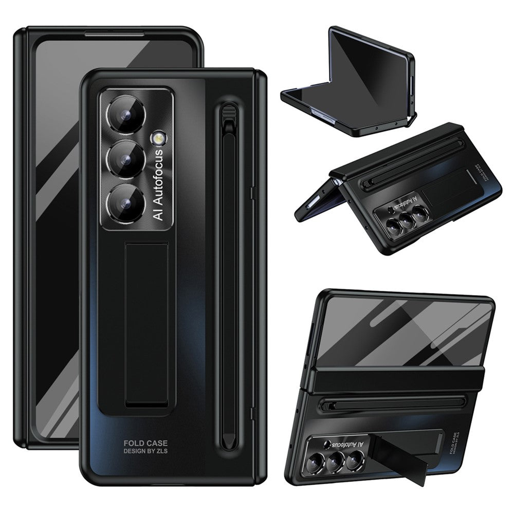 For Samsung Galaxy Z Fold7 5G Case Kickstand Hinge PC Phone Cover with Tempered Glass Film, Stylus - Black
