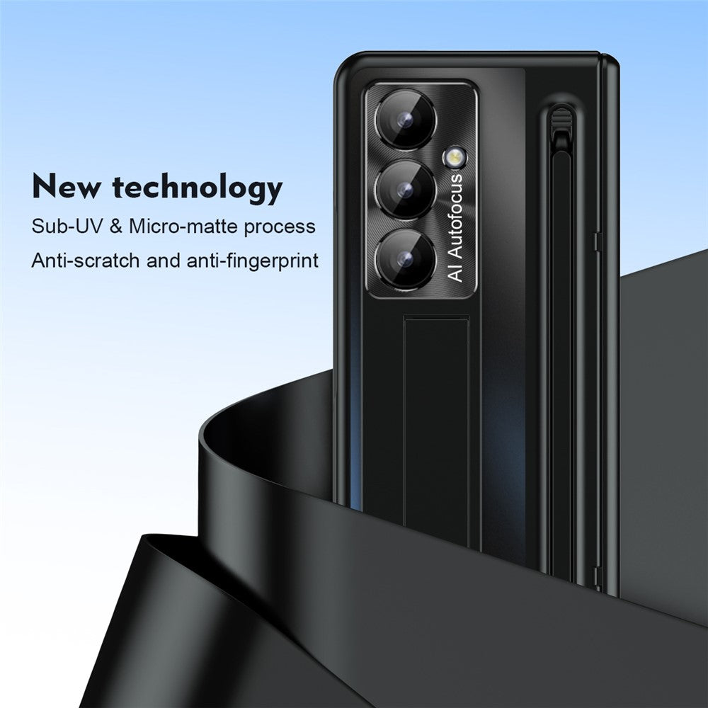 For Samsung Galaxy Z Fold7 5G Case Kickstand Hinge PC Phone Cover with Tempered Glass Film, Stylus - Black
