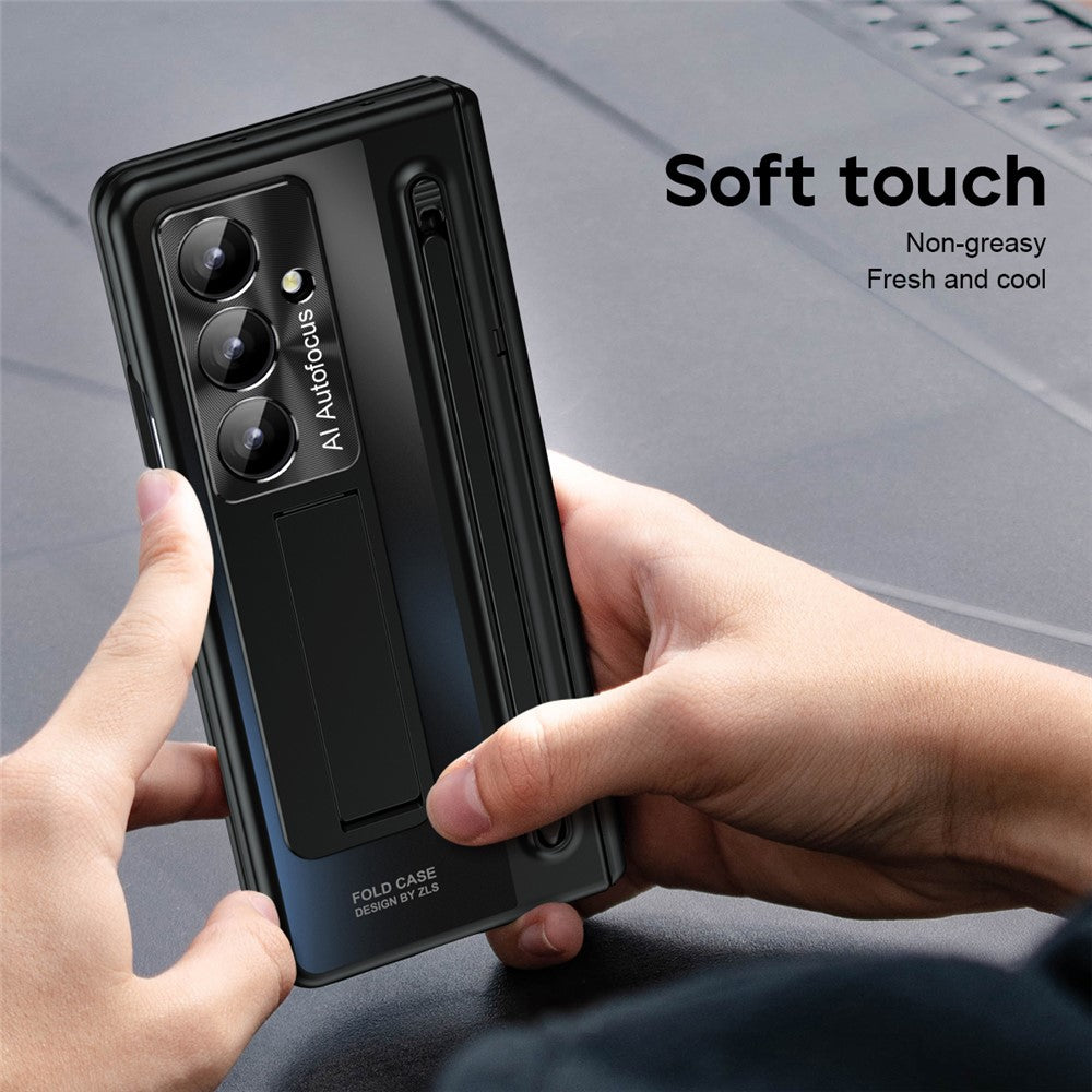 For Samsung Galaxy Z Fold7 5G Case Kickstand Hinge PC Phone Cover with Tempered Glass Film, Stylus - Black