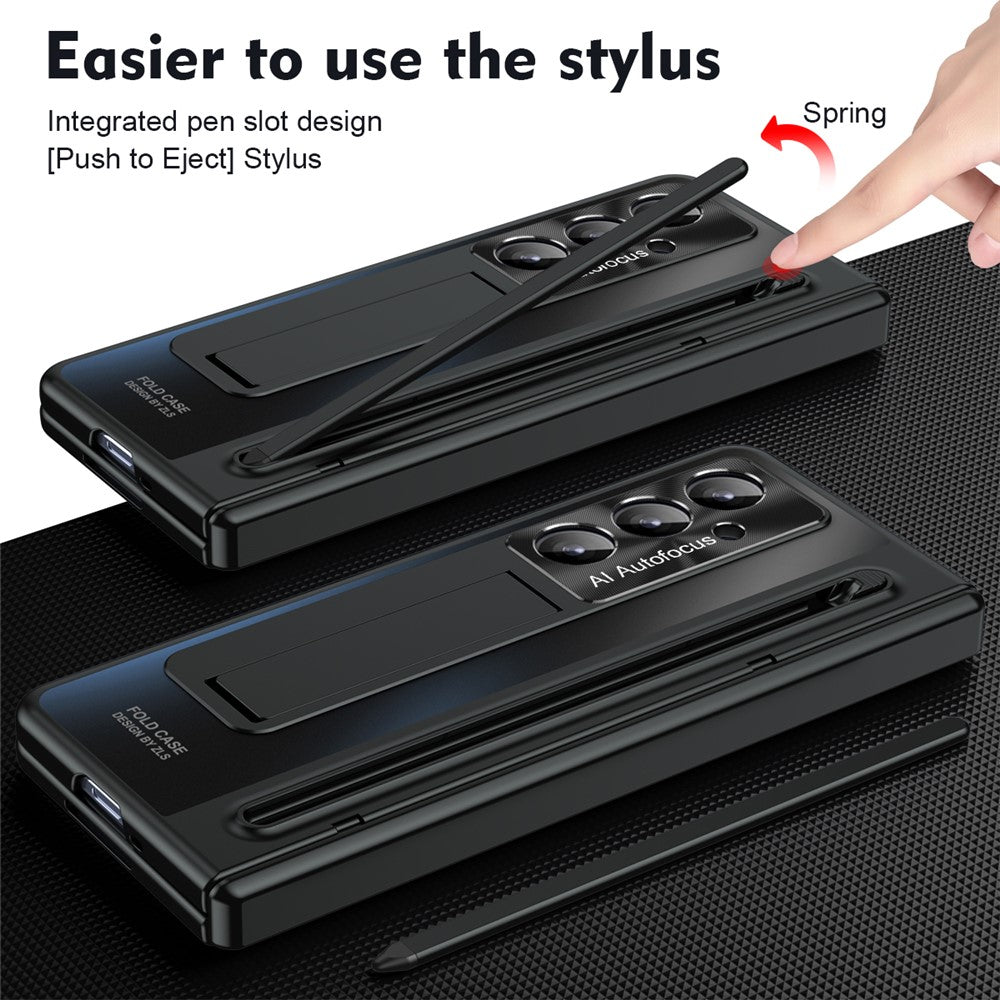 For Samsung Galaxy Z Fold7 5G Case Kickstand Hinge PC Phone Cover with Tempered Glass Film, Stylus - Black