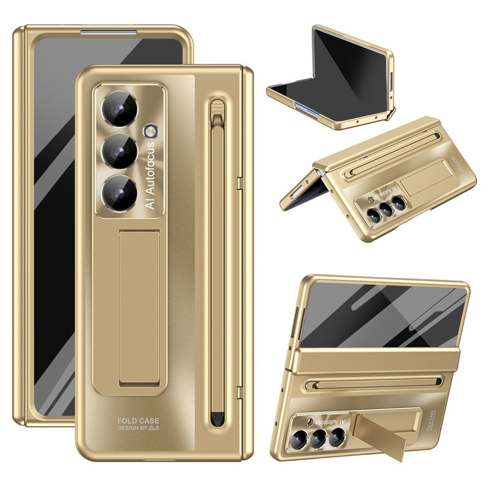 For Samsung Galaxy Z Fold7 5G Case Kickstand Hinge PC Phone Cover with Tempered Glass Film, Stylus - Gold
