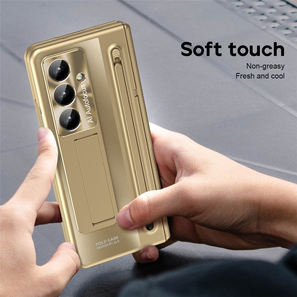 For Samsung Galaxy Z Fold7 5G Case Kickstand Hinge PC Phone Cover with Tempered Glass Film, Stylus - Gold