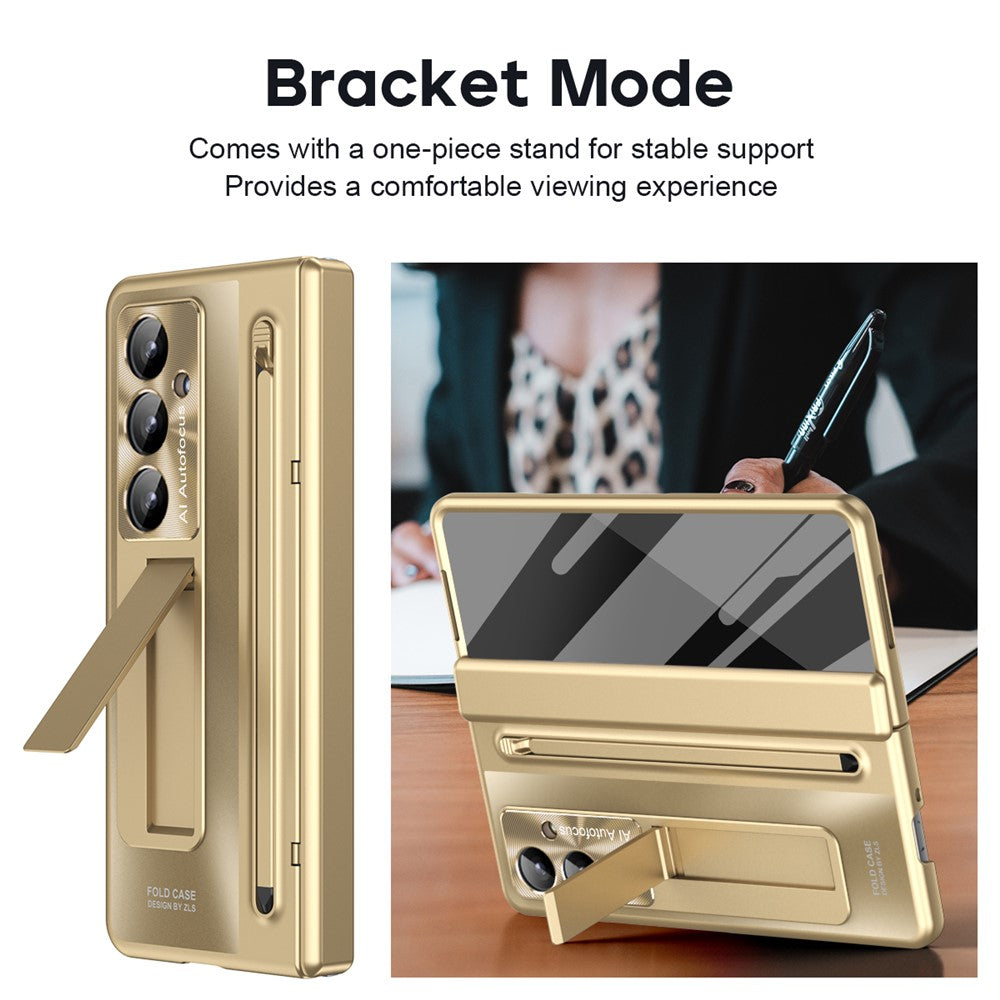 For Samsung Galaxy Z Fold7 5G Case Kickstand Hinge PC Phone Cover with Tempered Glass Film, Stylus - Gold