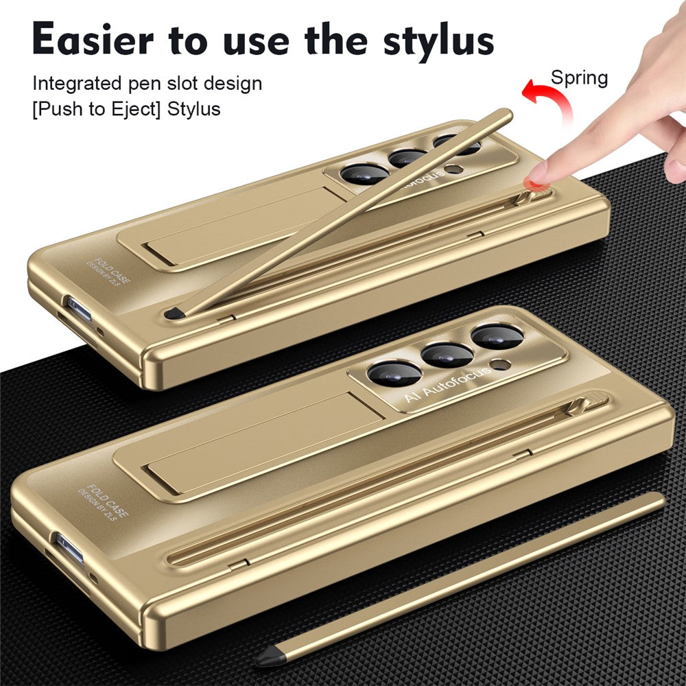 For Samsung Galaxy Z Fold7 5G Case Kickstand Hinge PC Phone Cover with Tempered Glass Film, Stylus - Gold