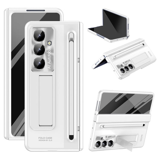 For Samsung Galaxy Z Fold7 5G Case Kickstand Hinge PC Phone Cover with Tempered Glass Film, Stylus - White
