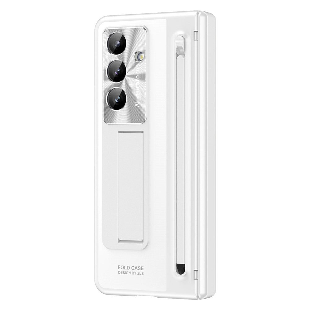 For Samsung Galaxy Z Fold7 5G Case Kickstand Hinge PC Phone Cover with Tempered Glass Film, Stylus - White