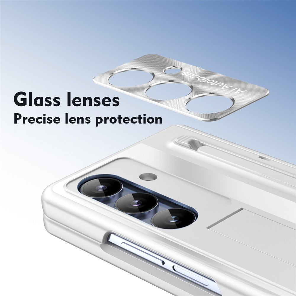 For Samsung Galaxy Z Fold7 5G Case Kickstand Hinge PC Phone Cover with Tempered Glass Film, Stylus - White