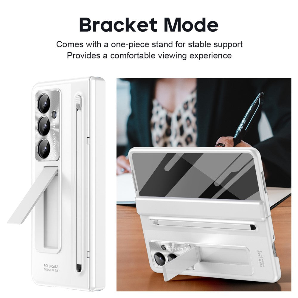 For Samsung Galaxy Z Fold7 5G Case Kickstand Hinge PC Phone Cover with Tempered Glass Film, Stylus - White