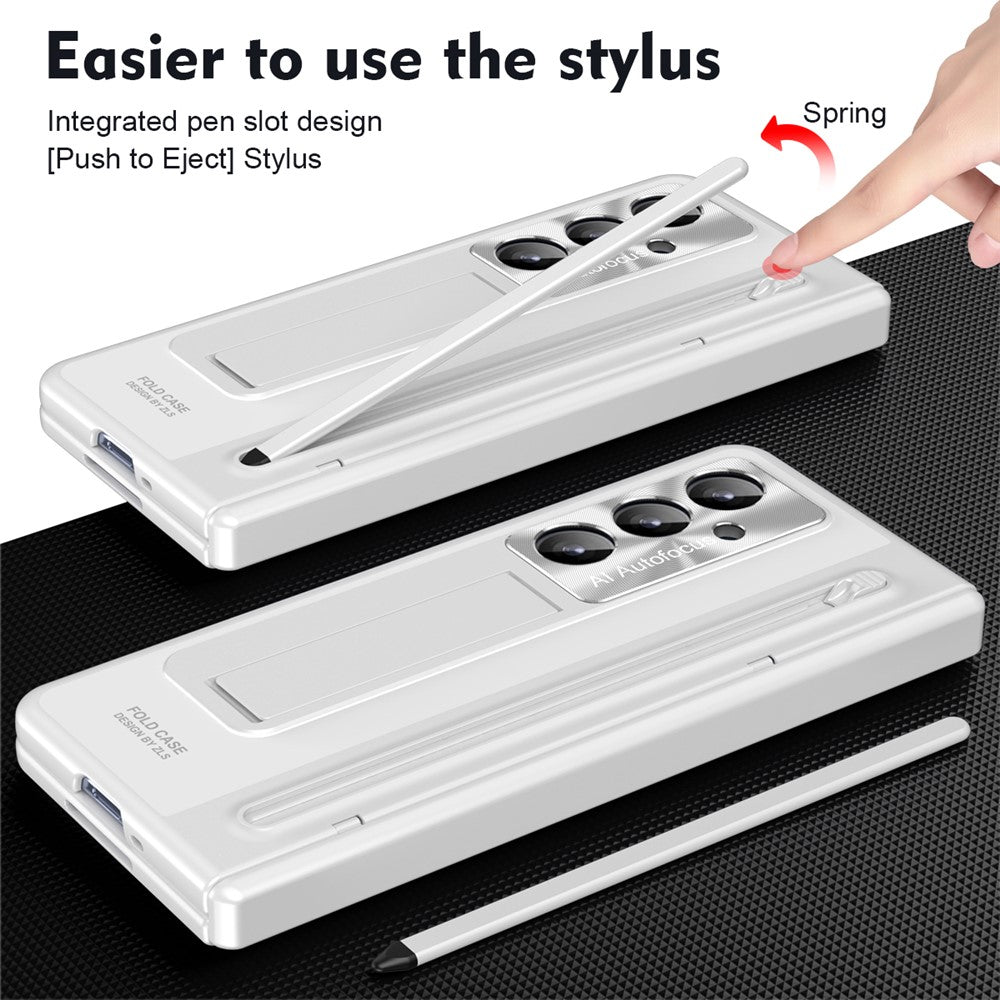 For Samsung Galaxy Z Fold7 5G Case Kickstand Hinge PC Phone Cover with Tempered Glass Film, Stylus - White