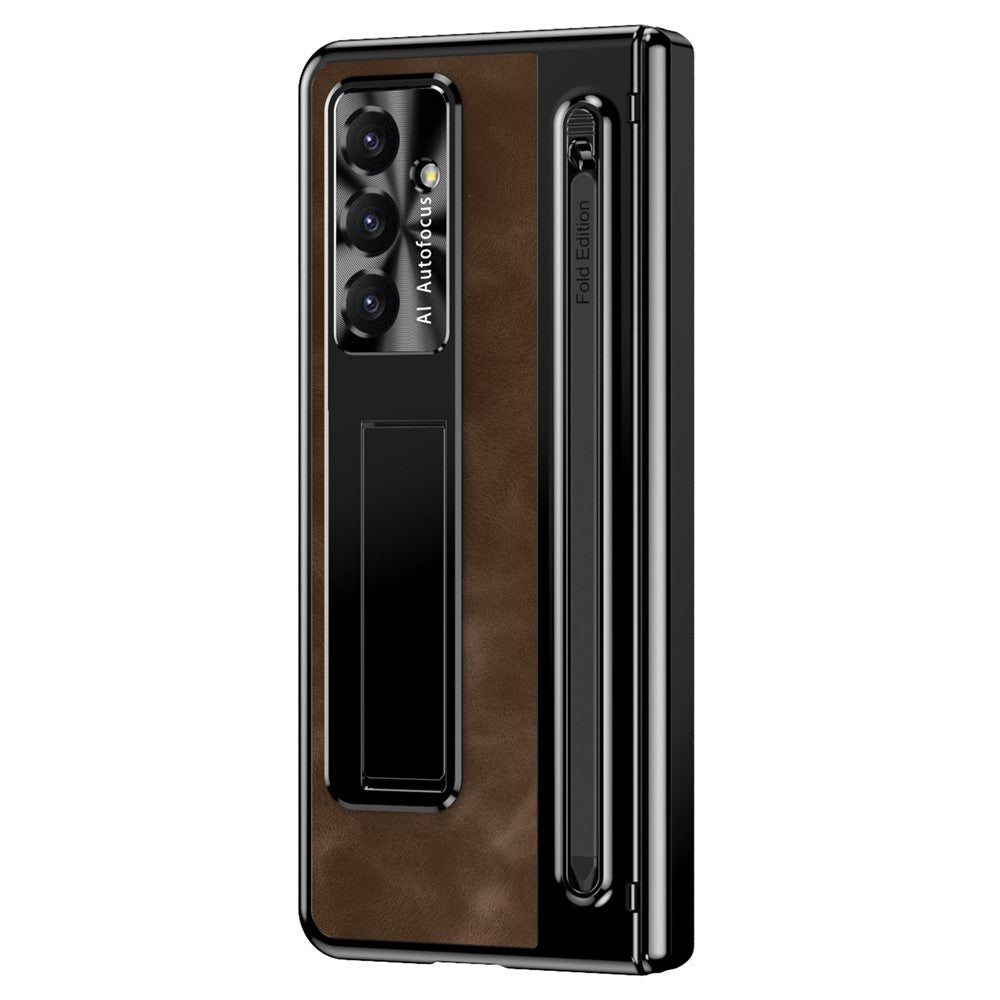 For Samsung Galaxy Z Fold7 5G Case Pen Slot Leather + PC Kickstand Phone Cover with Tempered Glass Film, Stylus - Coffee