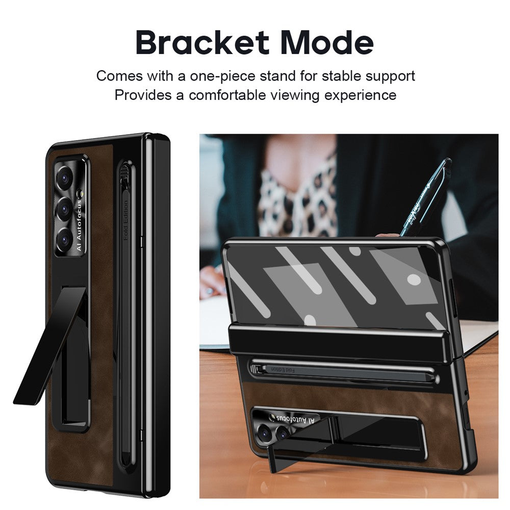 For Samsung Galaxy Z Fold7 5G Case Pen Slot Leather + PC Kickstand Phone Cover with Tempered Glass Film, Stylus - Coffee