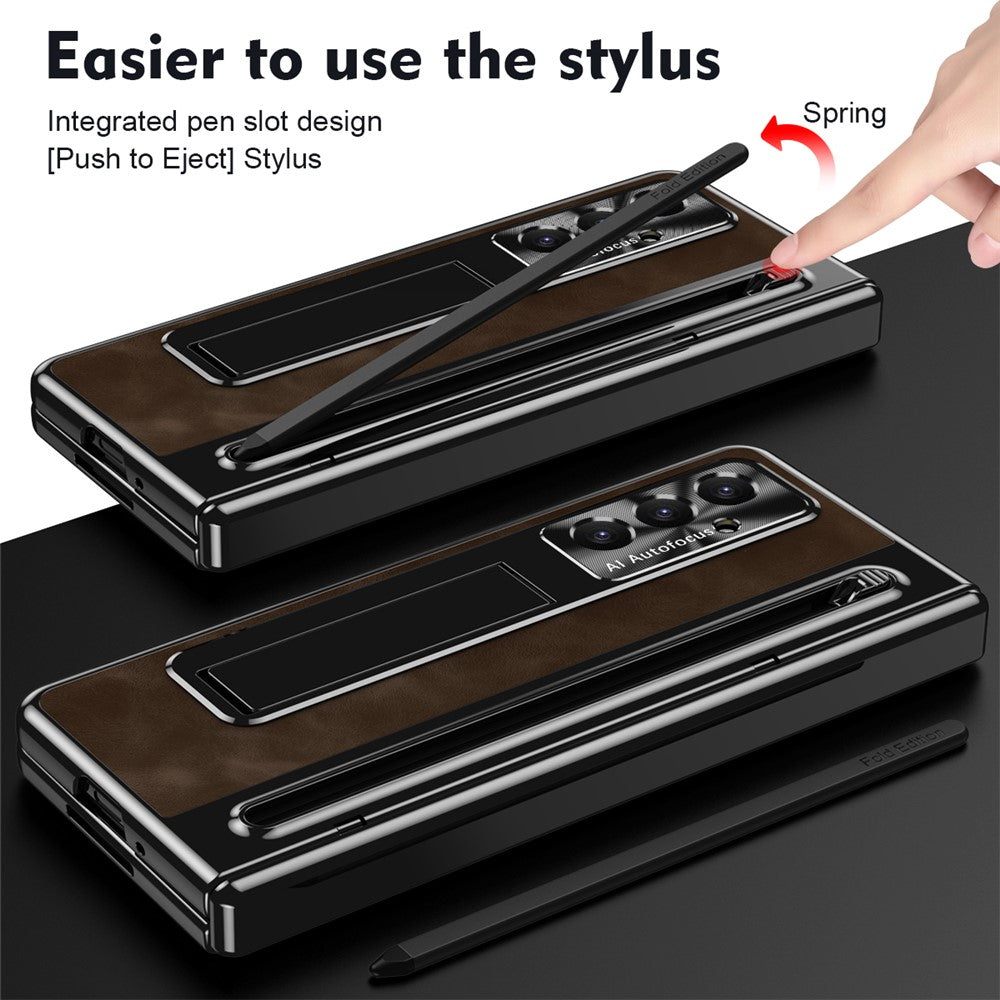 For Samsung Galaxy Z Fold7 5G Case Pen Slot Leather + PC Kickstand Phone Cover with Tempered Glass Film, Stylus - Coffee