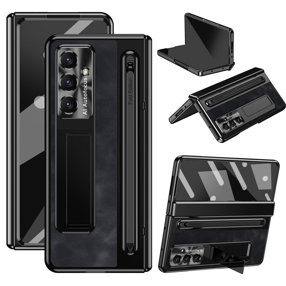 For Samsung Galaxy Z Fold7 5G Case Pen Slot Leather + PC Kickstand Phone Cover with Tempered Glass Film, Stylus - Black