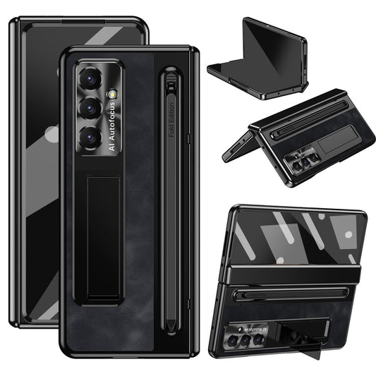 For Samsung Galaxy Z Fold7 5G Case Pen Slot Leather + PC Kickstand Phone Cover with Tempered Glass Film, Stylus - Black