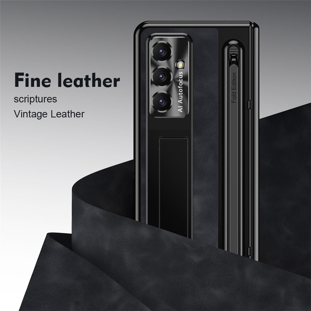 For Samsung Galaxy Z Fold7 5G Case Pen Slot Leather + PC Kickstand Phone Cover with Tempered Glass Film, Stylus - Black