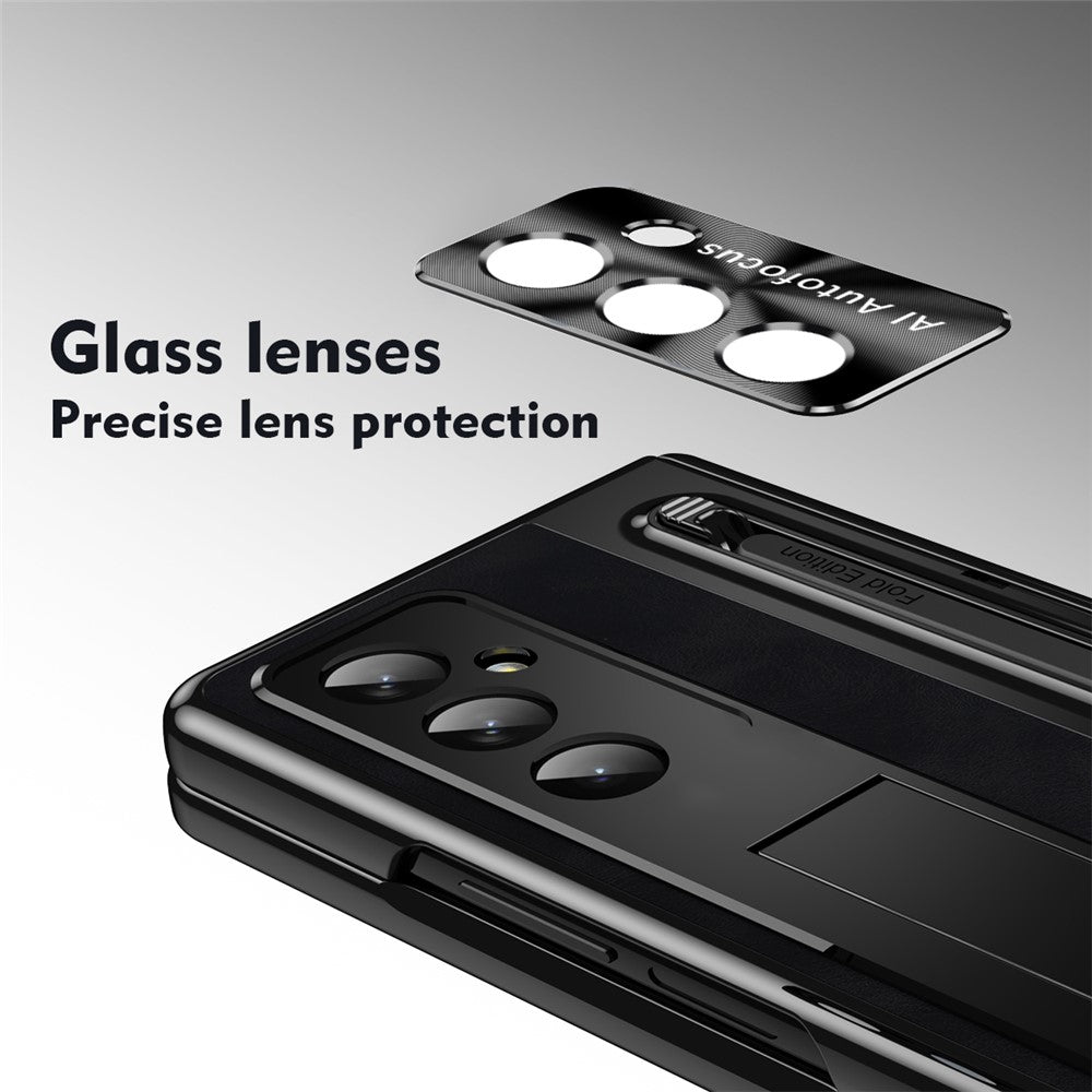 For Samsung Galaxy Z Fold7 5G Case Pen Slot Leather + PC Kickstand Phone Cover with Tempered Glass Film, Stylus - Black