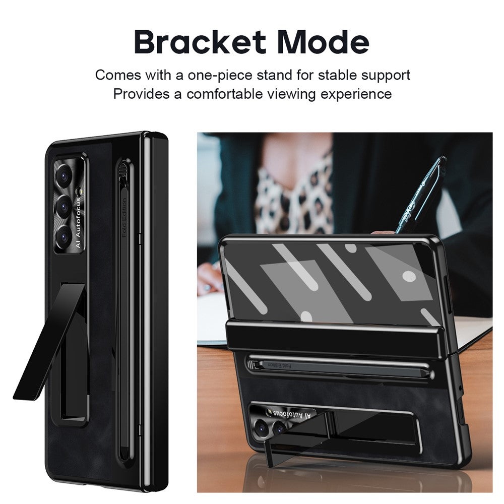 For Samsung Galaxy Z Fold7 5G Case Pen Slot Leather + PC Kickstand Phone Cover with Tempered Glass Film, Stylus - Black
