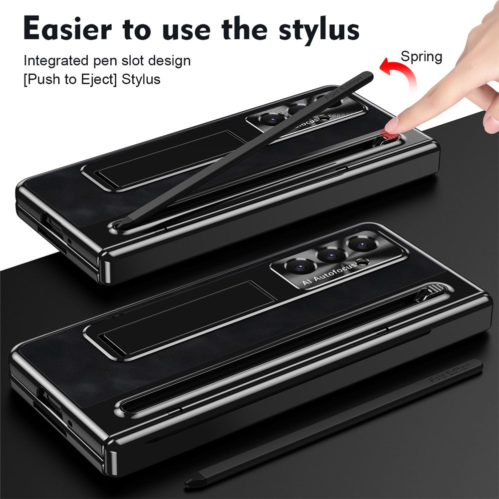 For Samsung Galaxy Z Fold7 5G Case Pen Slot Leather + PC Kickstand Phone Cover with Tempered Glass Film, Stylus - Black