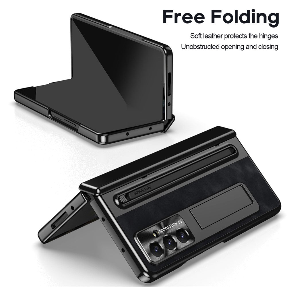 For Samsung Galaxy Z Fold7 5G Case Pen Slot Leather + PC Kickstand Phone Cover with Tempered Glass Film, Stylus - Black