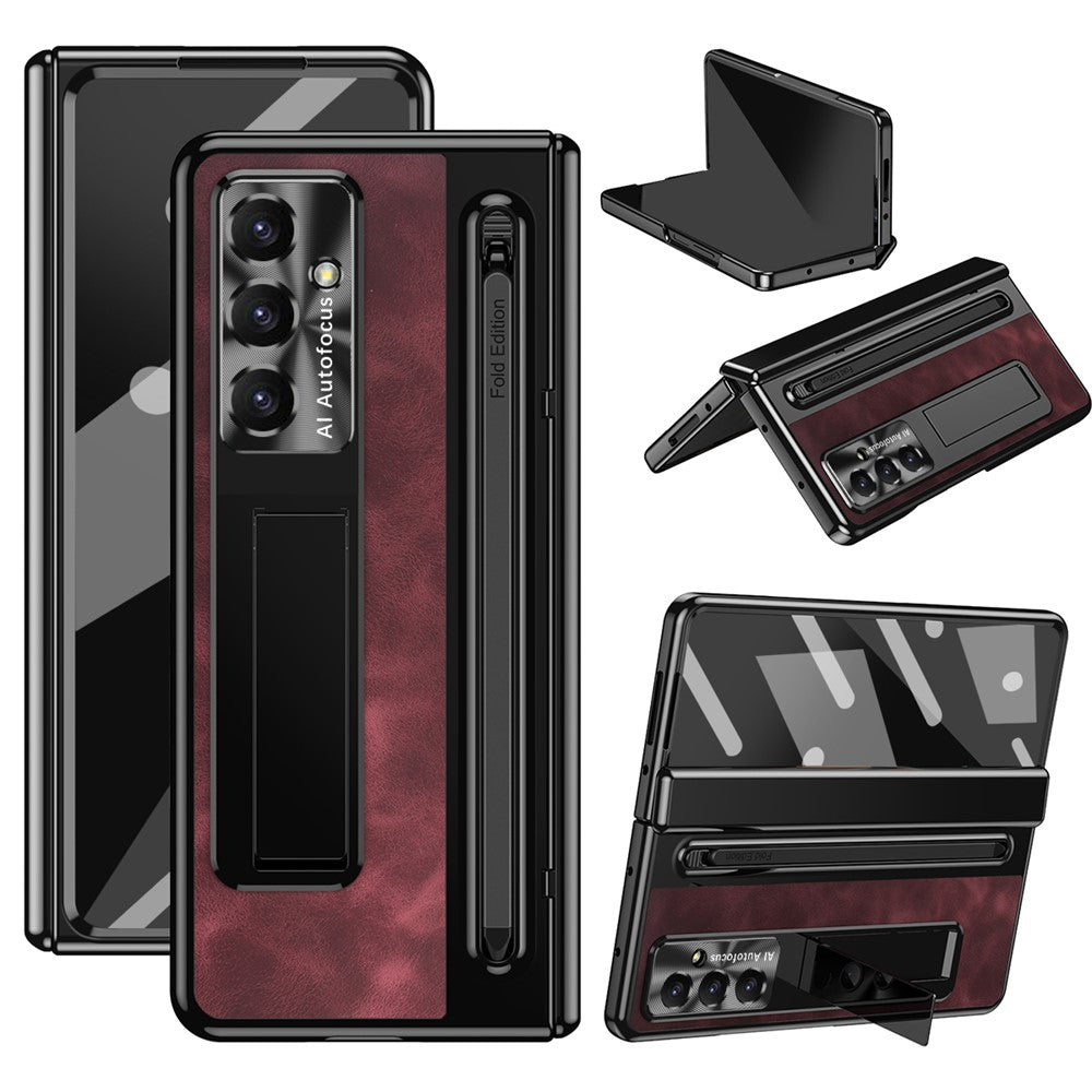 For Samsung Galaxy Z Fold7 5G Case Pen Slot Leather + PC Kickstand Phone Cover with Tempered Glass Film, Stylus - Wine Red