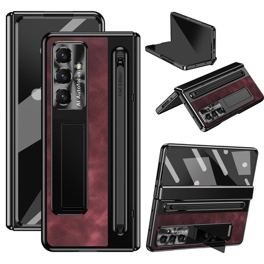 For Samsung Galaxy Z Fold7 5G Case Pen Slot Leather + PC Kickstand Phone Cover with Tempered Glass Film, Stylus - Wine Red