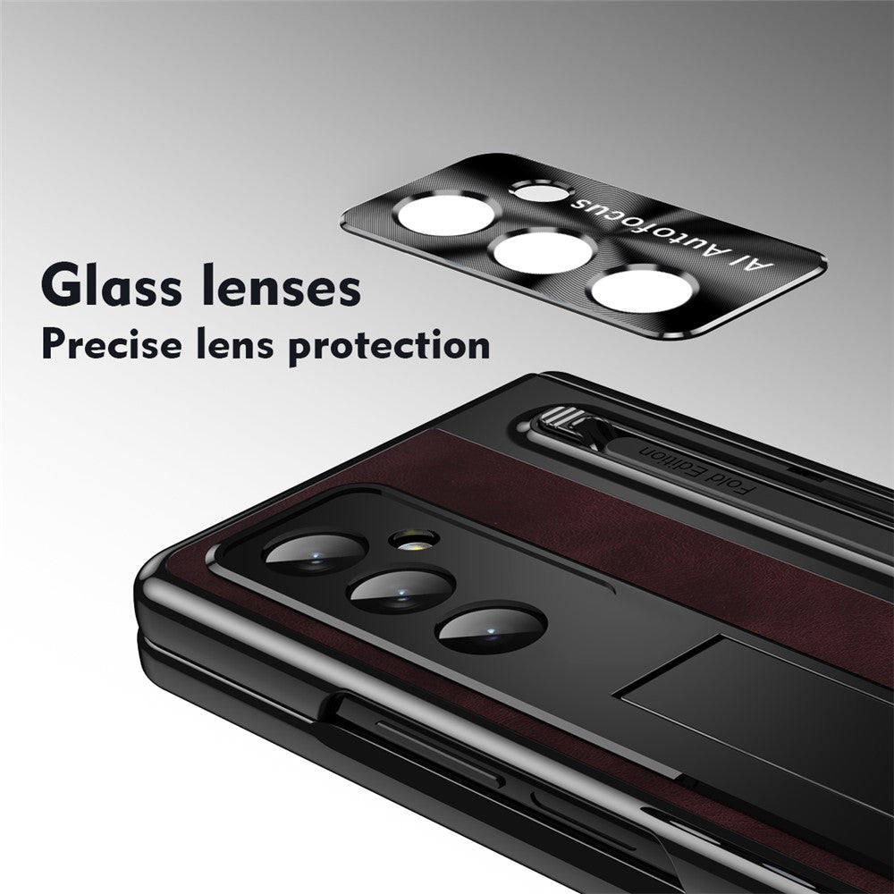 For Samsung Galaxy Z Fold7 5G Case Pen Slot Leather + PC Kickstand Phone Cover with Tempered Glass Film, Stylus - Wine Red